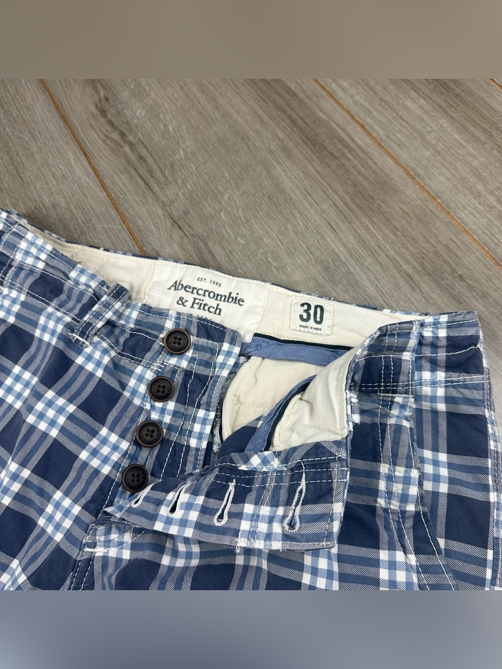 Y2K Abercrombie Fitch Chino Shorts 30 Button Fly Plaid Blue